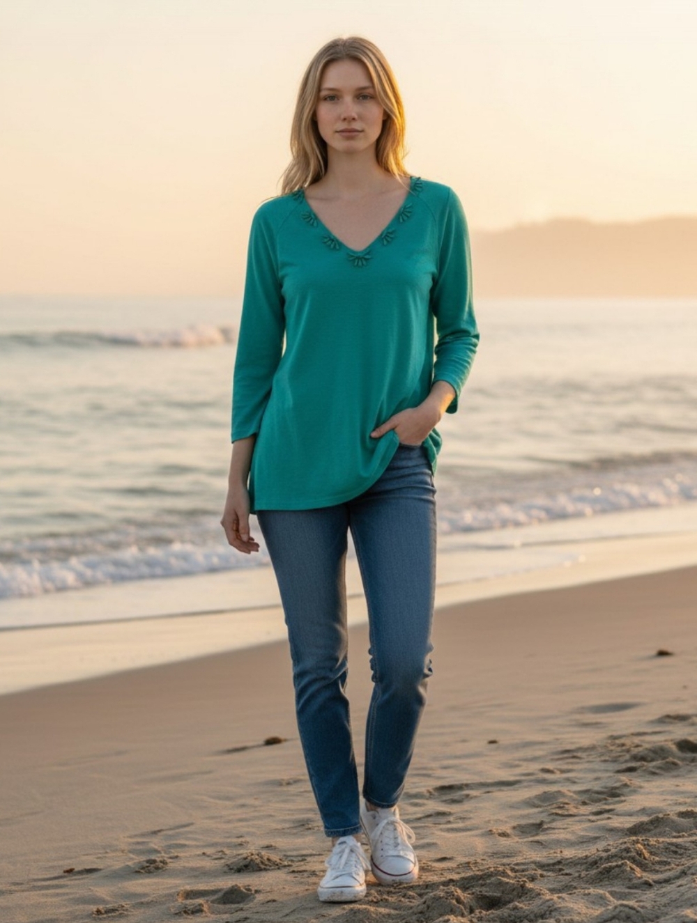 Jones Wear Studio XL Embelished VTG Womens Teal Blue Linen Blend Top
